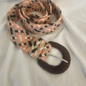 Woven Multicolor Rope Belt with Round Buckle - Brown, Coral, Cream